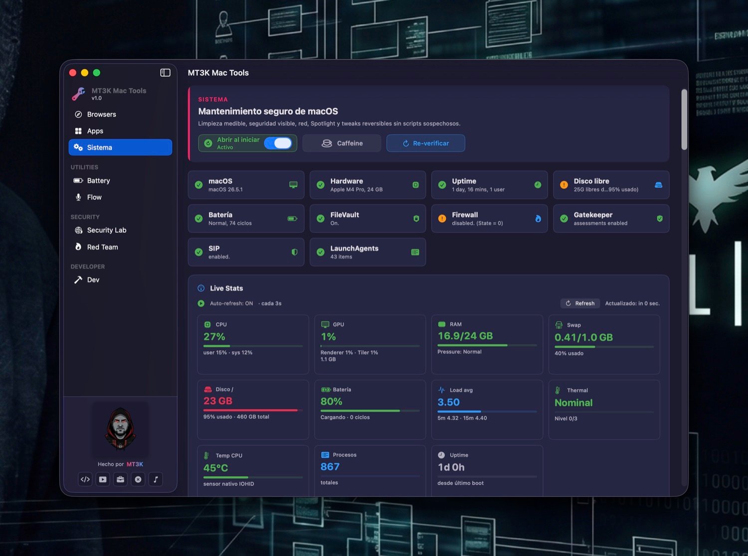 Secure macOS maintenance with Live Stats.
